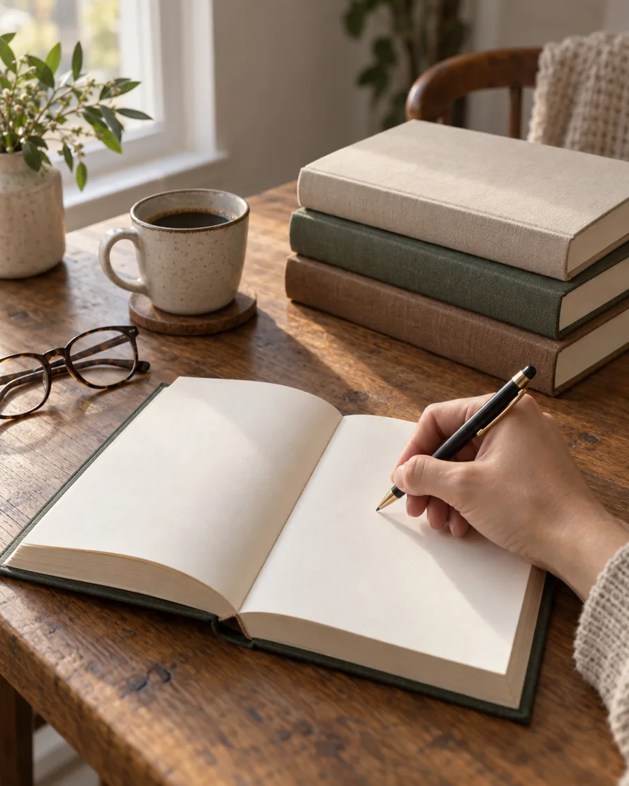 A hand signing the title page of a hardback book beside a stack of books