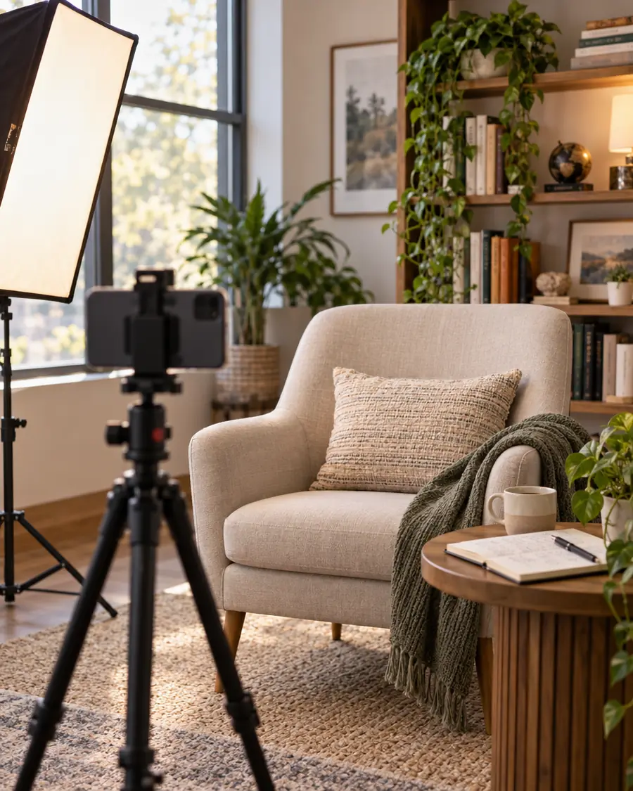 A phone on a tripod facing an armchair in a warm home office