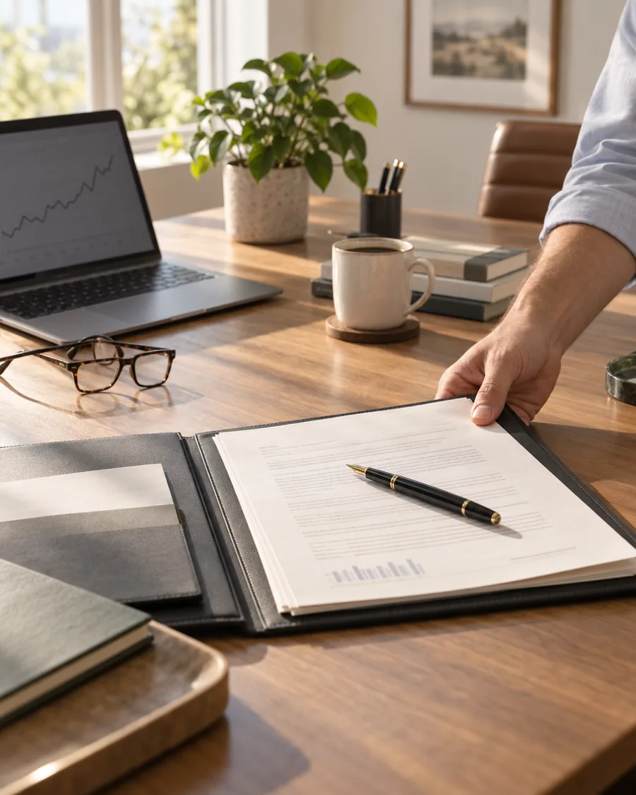 A desk with a policy folder, pen and reading glasses in morning light