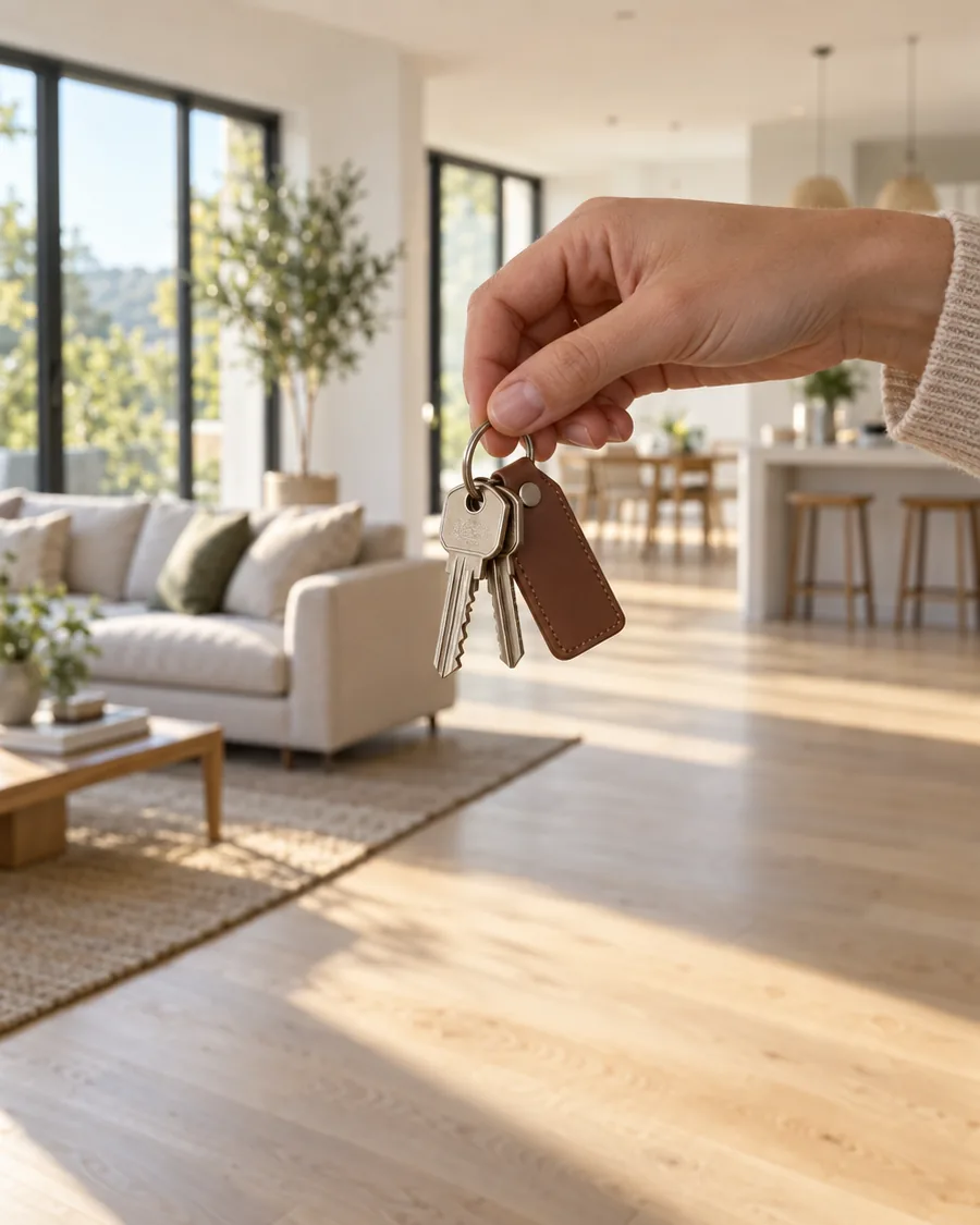 A hand holding house keys in a bright empty living room